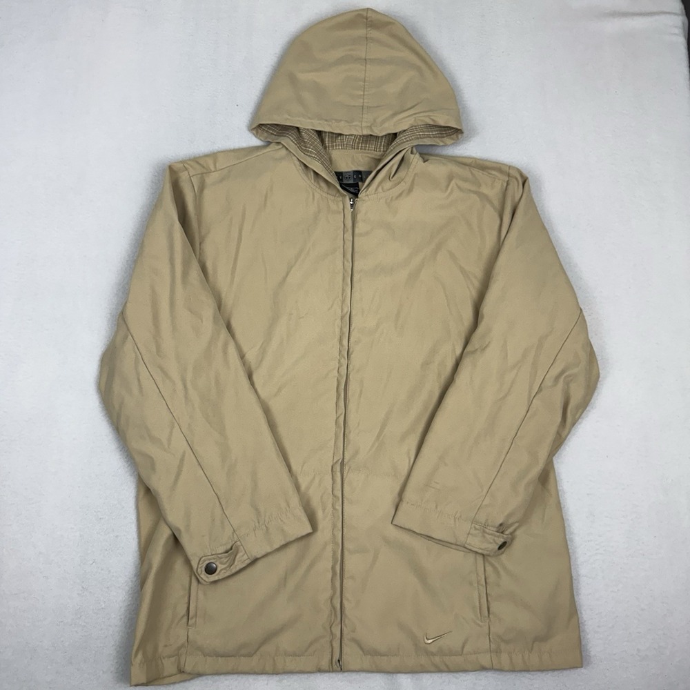 Vintage Nike Golf Tan Full Zip Hooded Windbreaker Jacket Plaid Lining Large